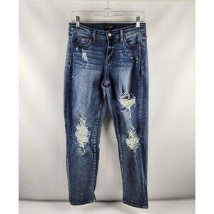 Judy Blue Jeans Womens 7/28 Blue Distressed Boyfriend Fit Button Fly JB2169LT